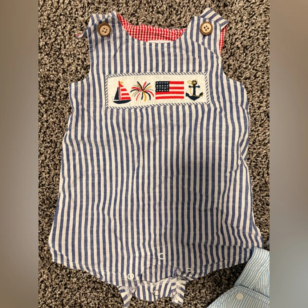 Baby Boys Nautical Stripe & Plaid Romper Set - Blue, Navy, Red